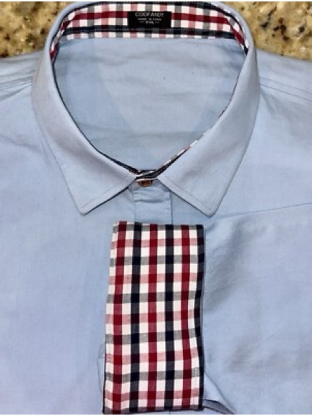 Club Room Light Blue Dress Shirt with Red and Navy Check Trim